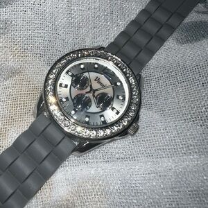 Silver, bejeweled Vivani watch with gray silicone band
